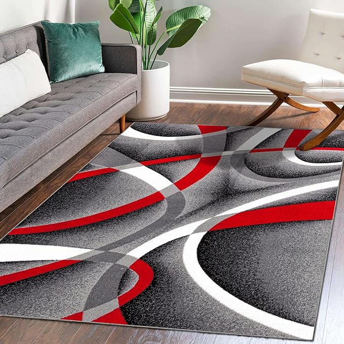 2305 Gray Black Red White Swirls 6'5 x 9'2 Modern Abstract Area Rug Carpet by LuxeWeavers