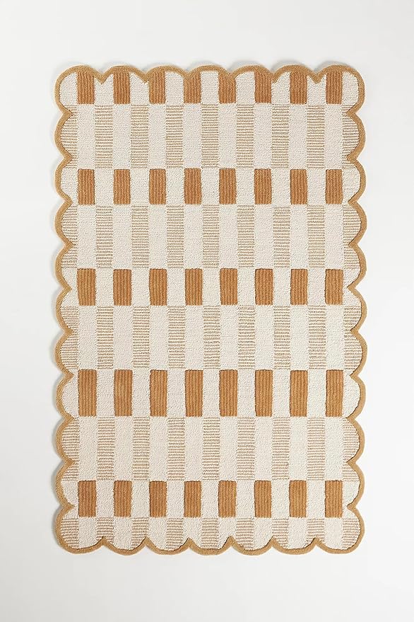 Hand-Tufted Wool Area Rug with Scalloped Edges, Neutral Beige Plaid Pattern by RUGBARN
