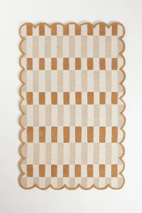 Hand-Tufted Wool Area Rug with Scalloped Edges, Neutral Beige Plaid Pattern by RUGBARN