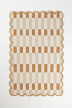Hand-Tufted Wool Area Rug with Scalloped Edges, Neutral Beige Plaid Pattern by RUGBARN