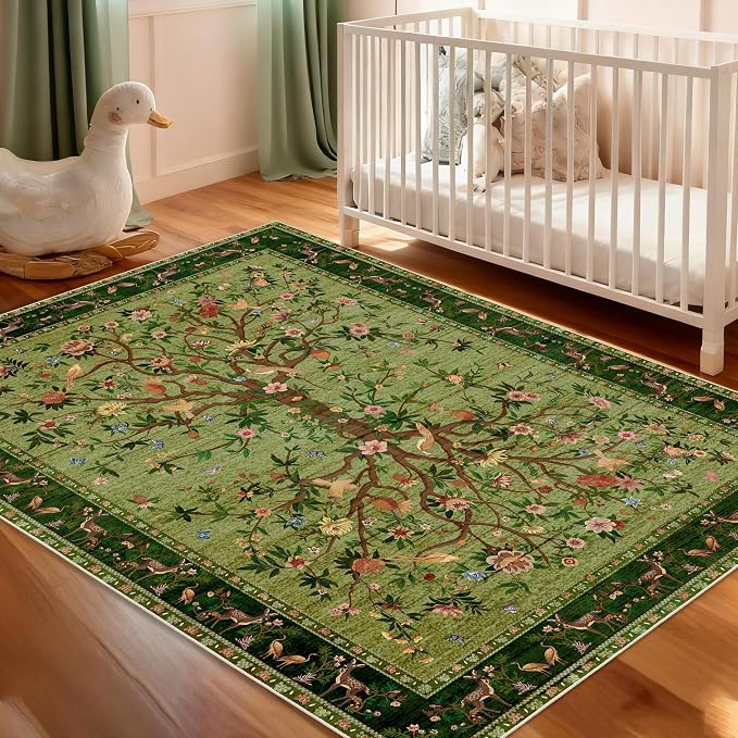 Green Area Rug 3x5 Washable, Non-Slip Small Rug Carpet, Floral Boho Low Pile - Image 4