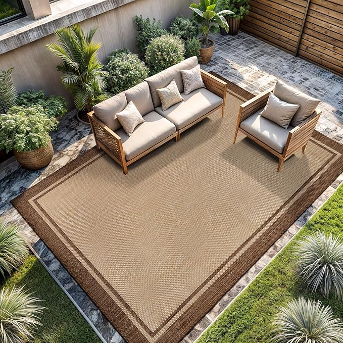 CAMILSON Indoor Outdoor Rug, 10x14 Bordered Natural Brown Modern Large Area Rugs by CAMILSONIndoorOutdoorAreaRugs