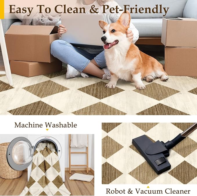 8x10 Checkered Area Rugs for Living Room Brown Machine Washable Large Rug - Image 5