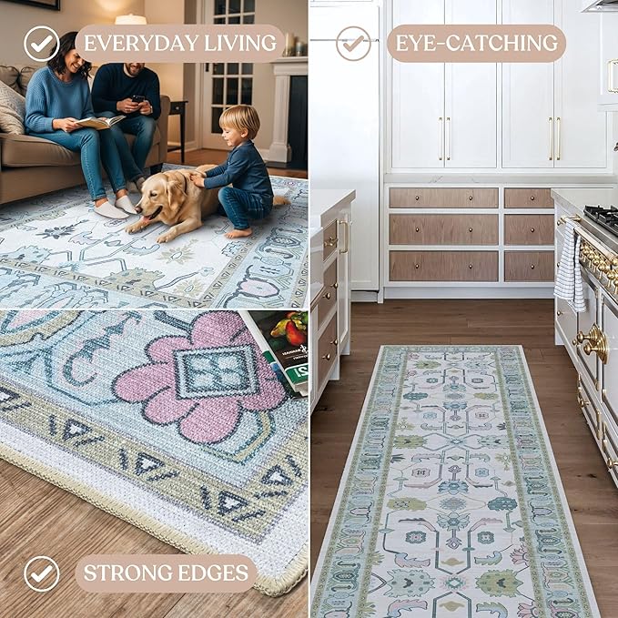 Fame Living Cream Green Oushak Runner Rug, Modern Runners, Small Rugs, Short - Image 4