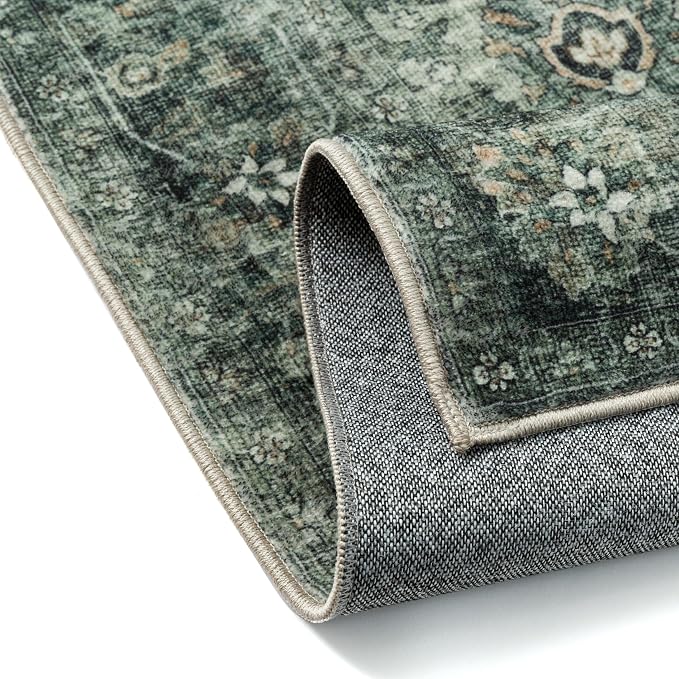 2x3 Washable Area Rug for Entryway Green Vintage Non-Slip Low Pile Distressed - Image 9