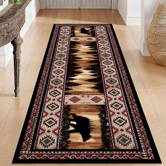 Rustic Cabin Bear Runner Rug, Native American Long Runner Rug, Wildlife Black by Unknown