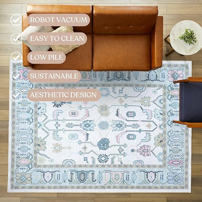 Fame Living Cream Green Oushak Runner Rug, Modern Runners, Long Runner Rugs - Image 3