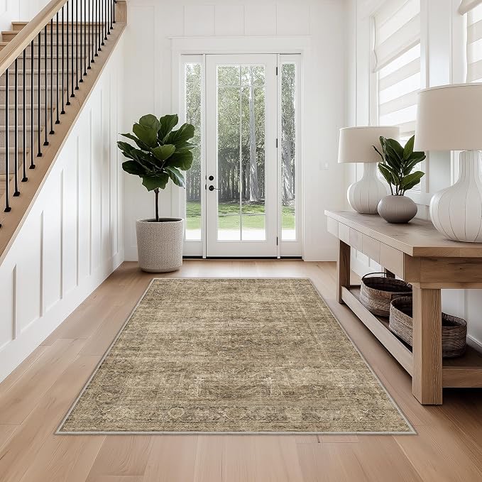 FMFUNCTEX 4x6 Washable Area Rug Neutral Vintage Brown Distressed Non Slip Low - Image 3