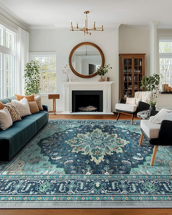 Area Rugs 10'x12' Washable Non-Slip, Floral Vintage Distress Print Pattern by RELEANY