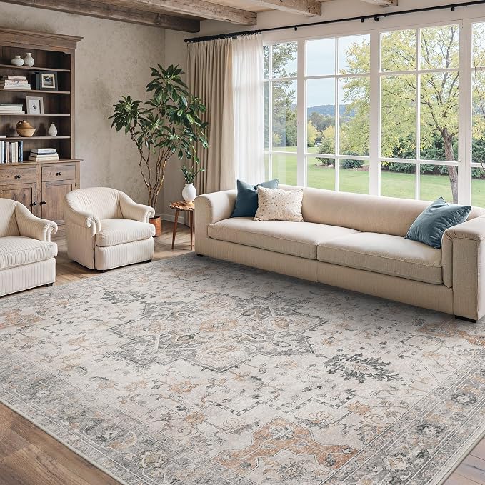 10x12 Area Rugs for Living Room, Non Slip Machine Washable Vintage Rugs by BESBLEE