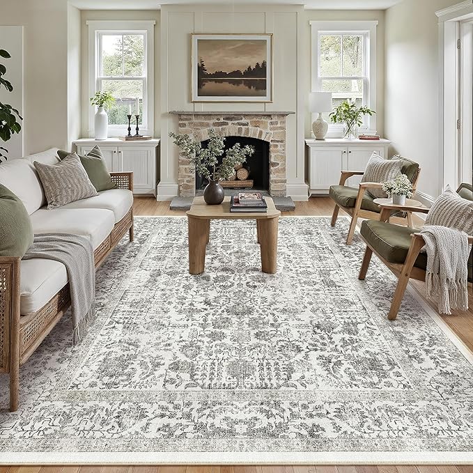 Black Area Rug 8x10 Machine Washable Large Vintage Living Room Distressed Non by PureCozy