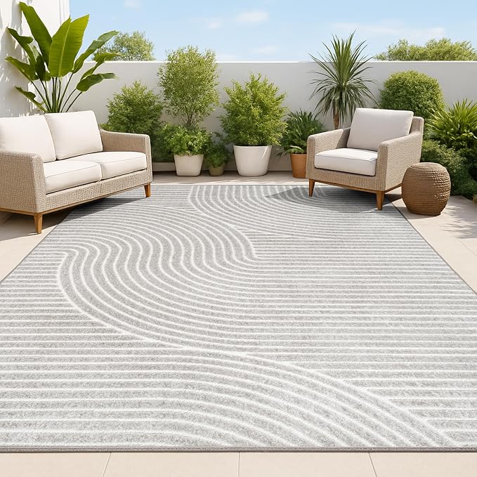 JONATHAN Y Hallie High-Low Curve Gray/Ivory Indoor/Outdoor Area Rug, Minimalist by JONATHANY