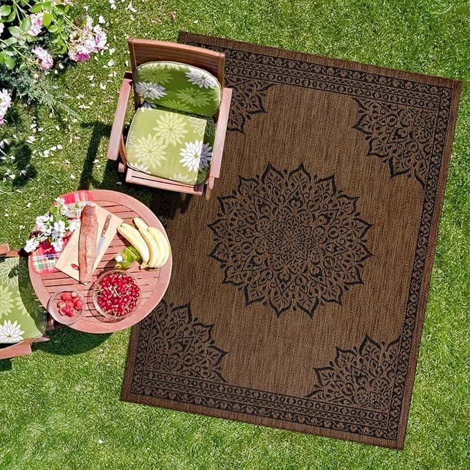 CAMILSON Outdoor Rug, 10x14 Medallion Nut Brown Black Modern Area Rugs - Image 7