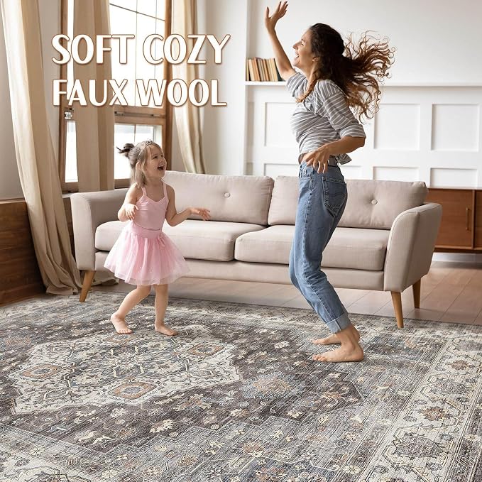 9x12 Area Rug Living Room: Washable Boho Large Neutral Vintage Soft Rugs Stain - Image 3