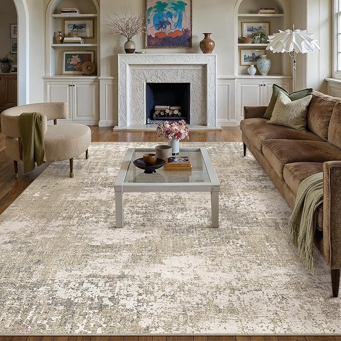 Beige Area Rug 6x9 Machine Washable Modern Abstract Living Room Carpet Non Slip - Image 6
