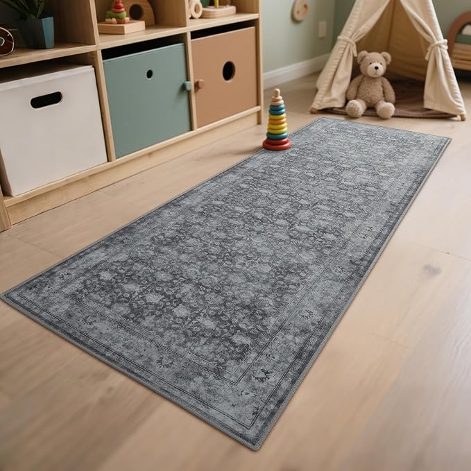 2'6"x8' Washable Runner Rug for Hallway, Non Slip Vintage Floral Long Carpet - Image 7