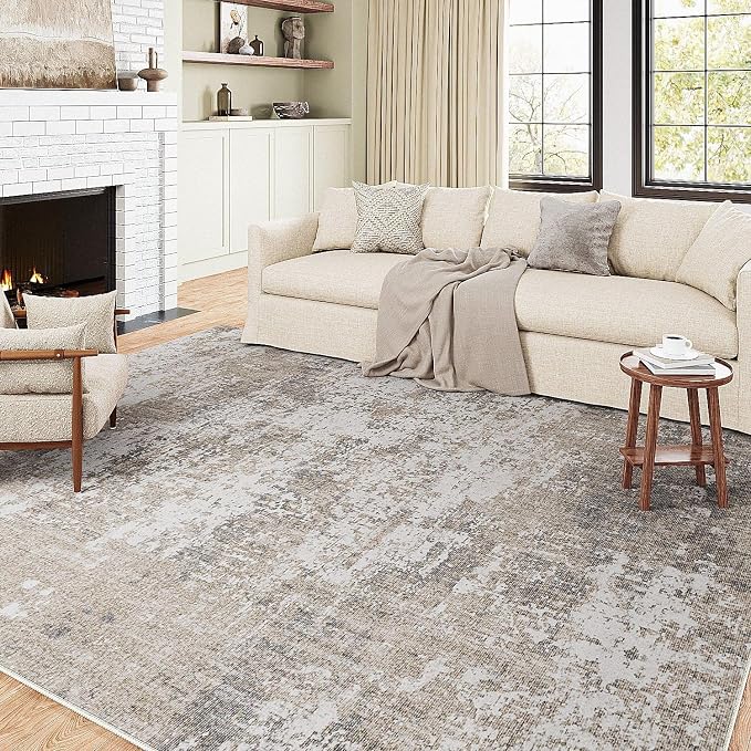Modern Abstract Beige Gray Area Rug 5x7 Machine Washable Large Carpet Neutral - Image 7
