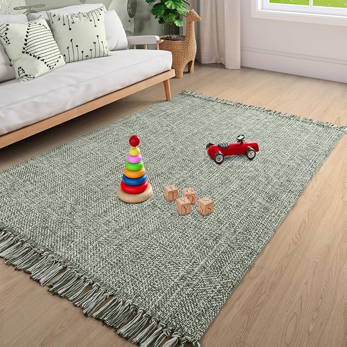 Collive Comfy Area Rug 4' x 6', Olive Green/Cream Woven Cotton Bedroom Rugs - Image 5