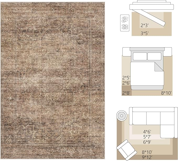 Fmfunctex 6x9 Washable Area Rug Rust Brown Vintage Neutral Distressed Oriental - Image 2