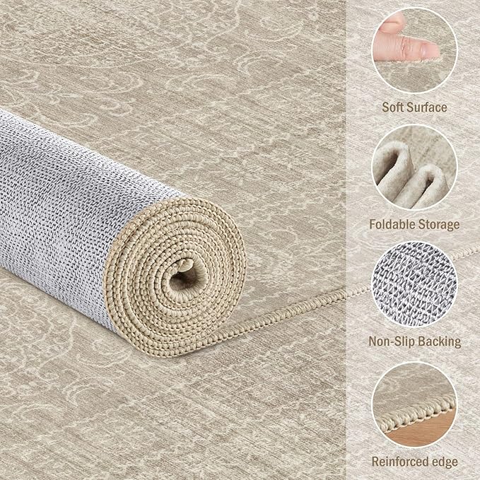 6ft Round Rug Living Room: Washable Large Vintage Rug Neutral Non-Slip Soft - Image 4