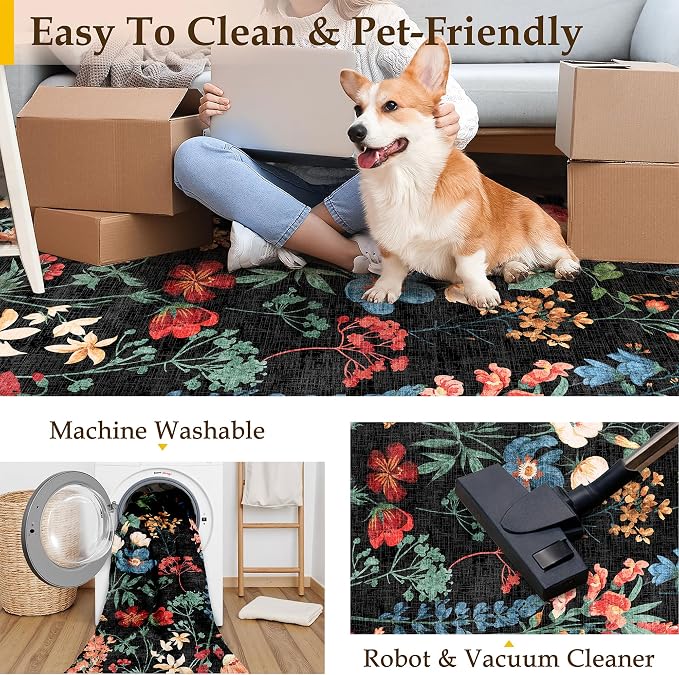 Floral Runner Rug 2x5 Washable Hallway Long Black Bedroom Carpet Non Slip - Image 4