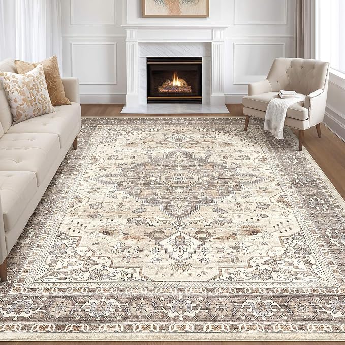 7x10 Area Rug Living Room: Washable Boho Large Neutral Vintage Soft Rugs Stain by LOONGRUG