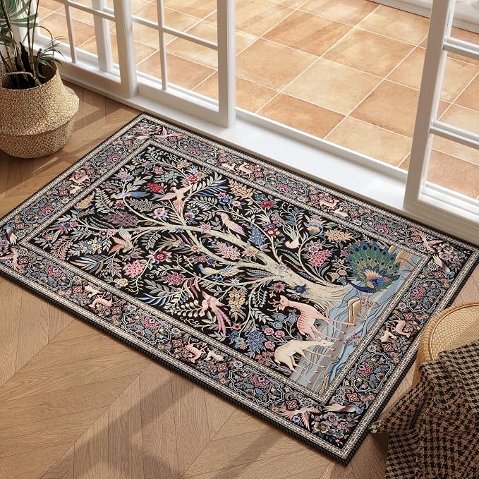 Rugcomf Indoor Door Mat 2x3 Rug Vibrant Tree of Life-Patterned Vintage Machine - Image 2