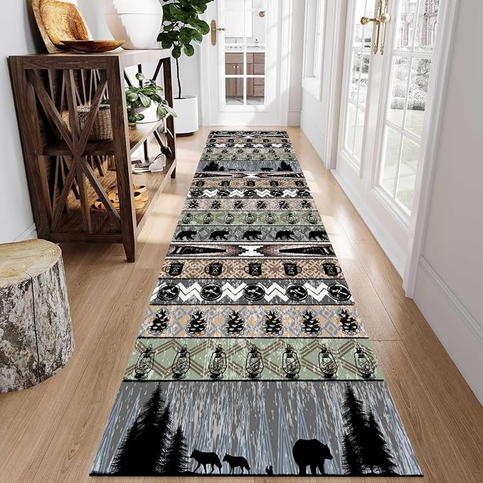 Bear Rug for Runner Rug, Rustic Black Bear Wood Saw Compass Pine Oil Lamp - Image 3