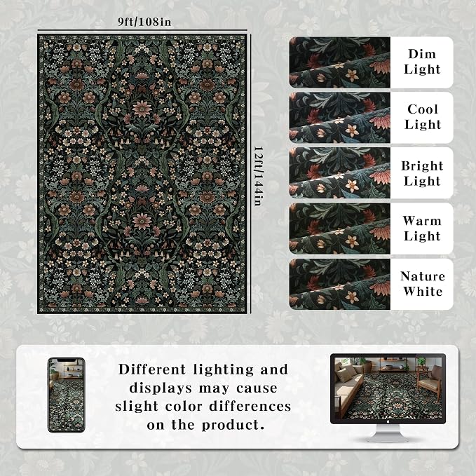 9x12 Black Vintage Floral Area Rug, Washable Large Boho Living Room Rugs - Image 2