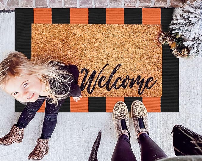 KOZYFLY Orange and Black Striped Rug Doormat 2x3 Ft Halloween Fall Cotton Woven - Image 3