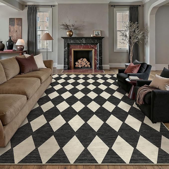8x10 Checkered Area Rugs for Living Room Black Machine Washable Large Rug - Image 3
