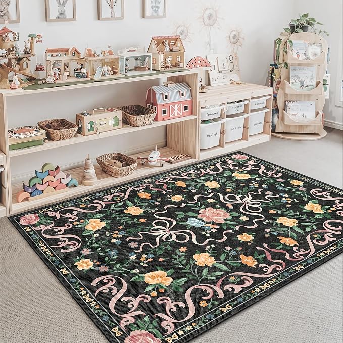 Black Rug Bow Floral Rug 3x5, Washable Boho Area Rugs Non Slip Low Pile Carpet - Image 2