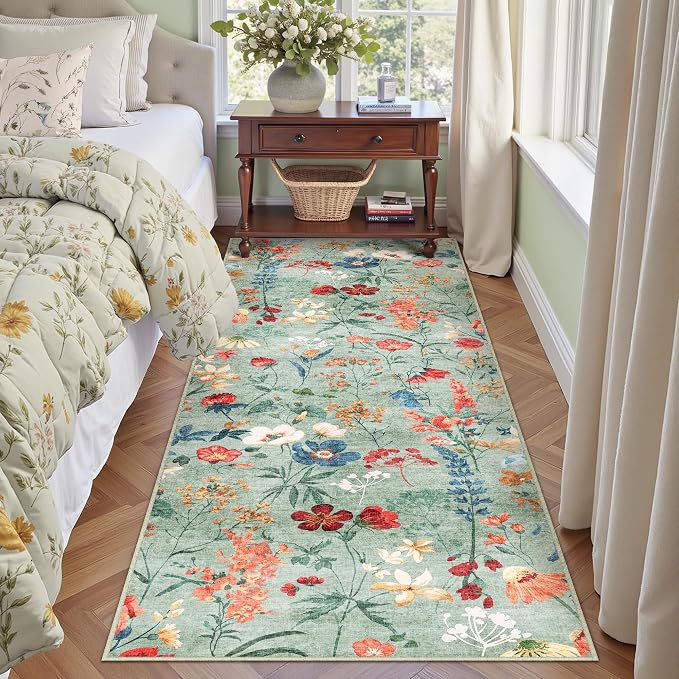 Floral Runner Rug 2x7 Washable Hallway Long Green Bedroom Carpet Non Slip - Image 7