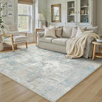 5x7 Washable Area Rug Blue Cream Abstract Living Room Bedroom Carpet Neutral by WondRg