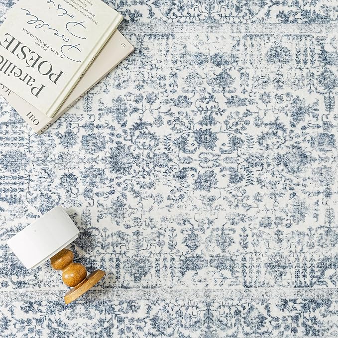 Navy Blue Area Rug 8x10 Machine Washable Large Vintage Living Room Distressed - Image 4