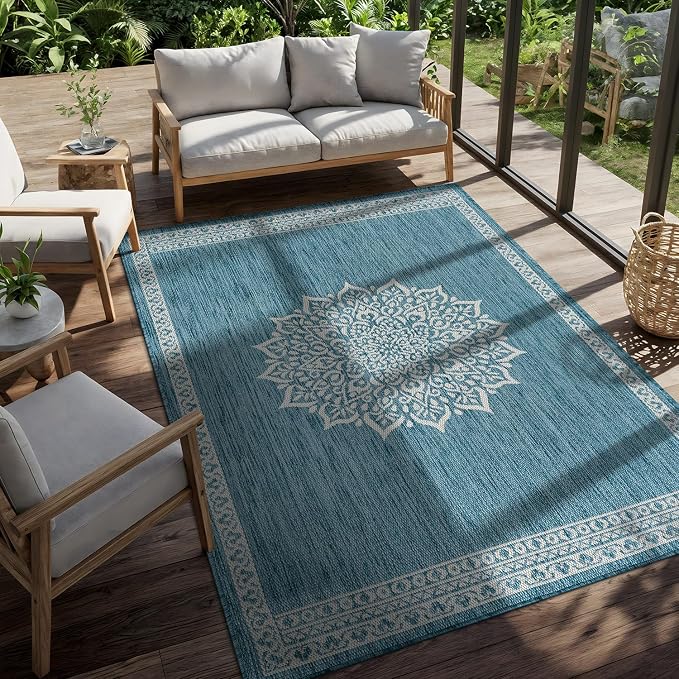 CAMILSON Outdoor Rug 6x9 Medallion Aqua Modern Area Rugs - Image 4