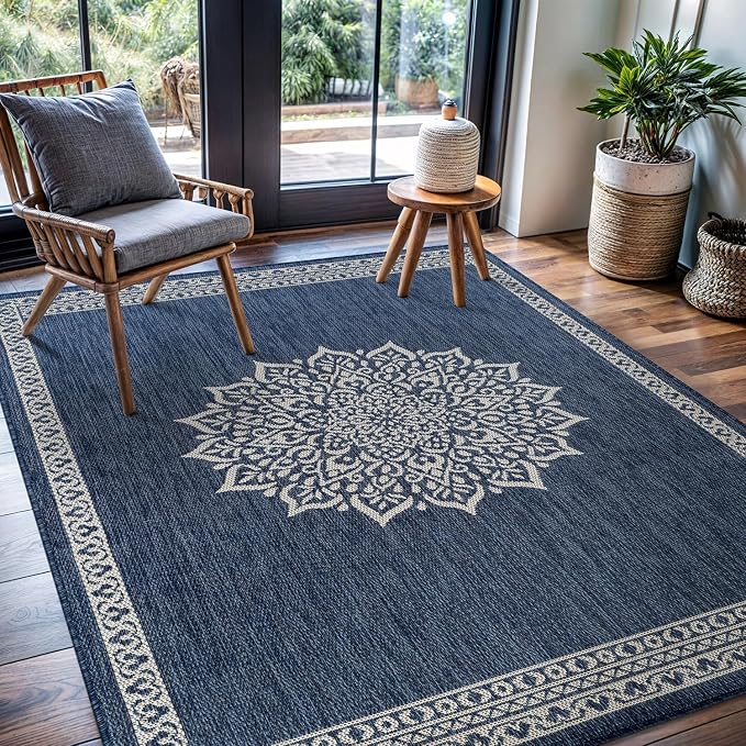 CAMILSON Outdoor Rug 6x9 Medallion Blue Modern Area Rugs - Image 9