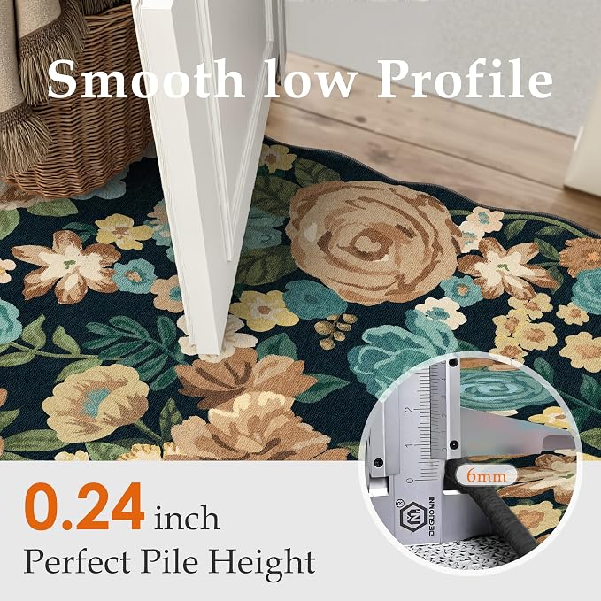 Washable Floral Area Rug 3x5 Black Office Carpet Scalloped Flower Non Slip Soft - Image 3