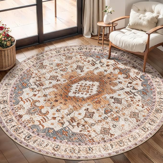 Tangsoo Vintage Round Rug 5ft Washable Circle Rug, Non Slip Boho Round Area Rug - Image 6