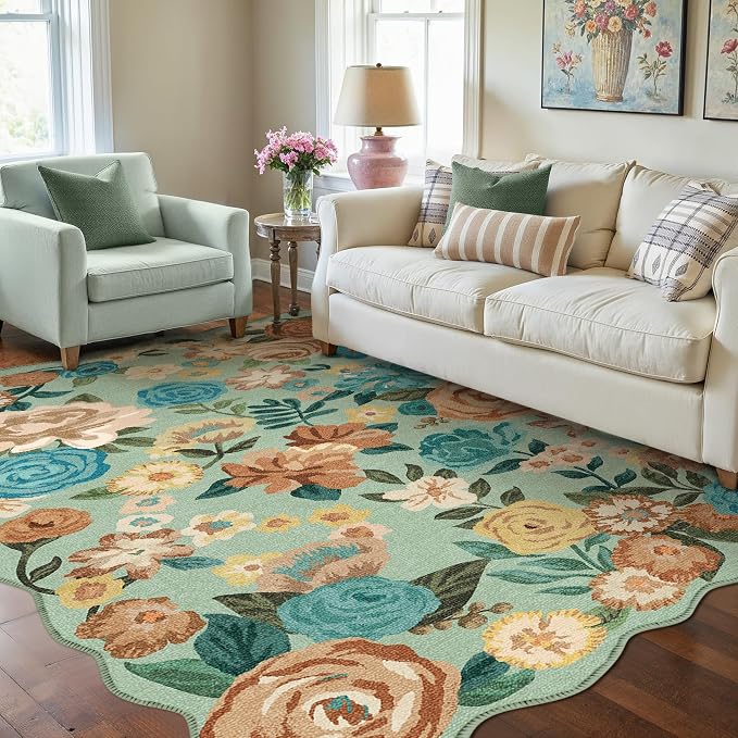 Washable Floral Area Rug 3x5 Green Office Carpet Scalloped Flower Non Slip Soft - Image 4