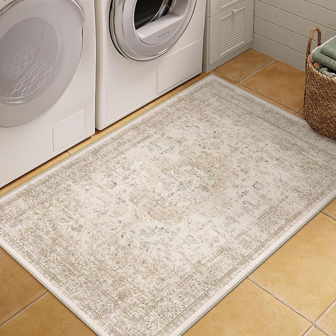 Entryway Area Rug 3x5 Washable Beige Vintage Distressed Carpet Oriental Soft - Image 6