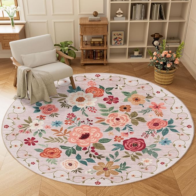 DUKINO Floral Round Rug, 6ft Washable Circle Rug, Non Slip Indoor Low Pile - Image 2