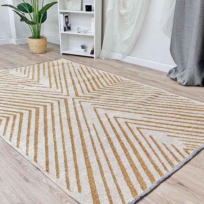 Alfa Rich 3x5 Geometric Gold Off White Washable Area Rugs by AlfaRichRugs