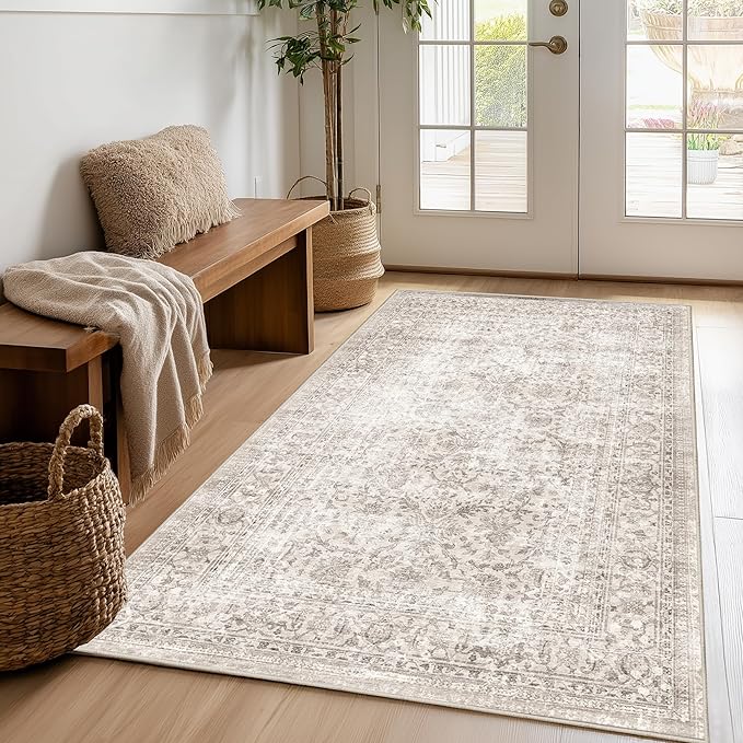 FMFUNCTEX 4x5 Washable Area Rug Neutral Vintage Beige Non Slip Low Pile - Image 3