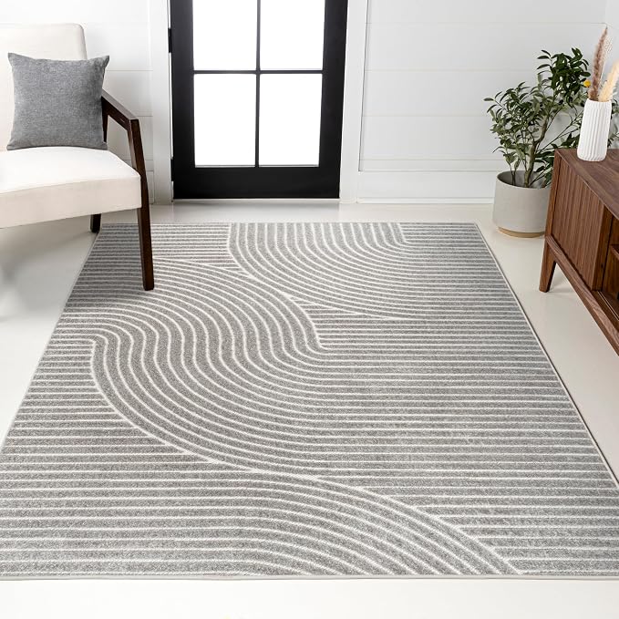 JONATHAN Y Hallie High-Low Curve Gray/Ivory Indoor/Outdoor Area Rug, Minimalist - Image 4