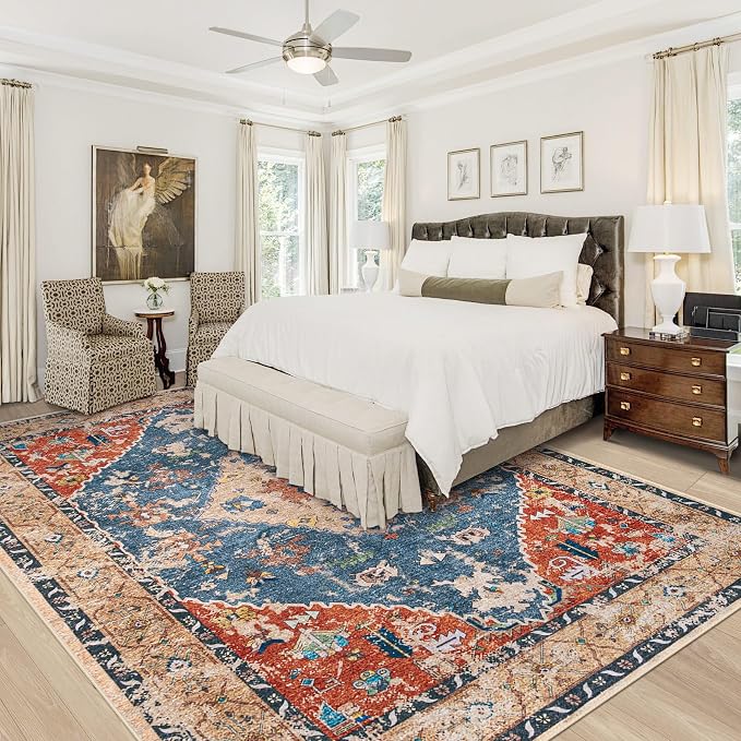 Area Rug 9x12 Washable Rug, Vintage Boho Medallion Rugs Non-Slip Soft Low Pile - Image 2
