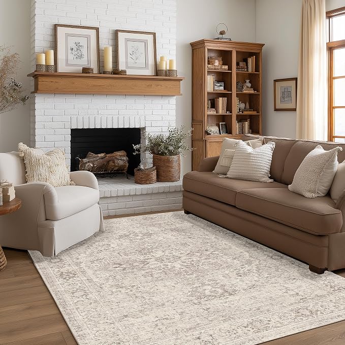 FMFUNCTEX 5x7 Washable Area Rug Neutral Vintage Beige Distressed Non Slip Low by Fmfunctex