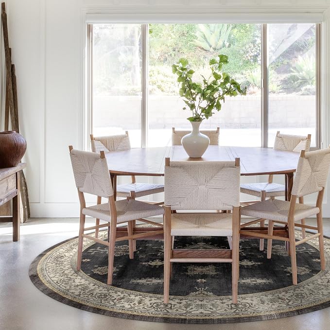 RUGGABLE Washable Vintage Area Rug – Verena Dark Wood 8 ft Round, by RUGGABLE