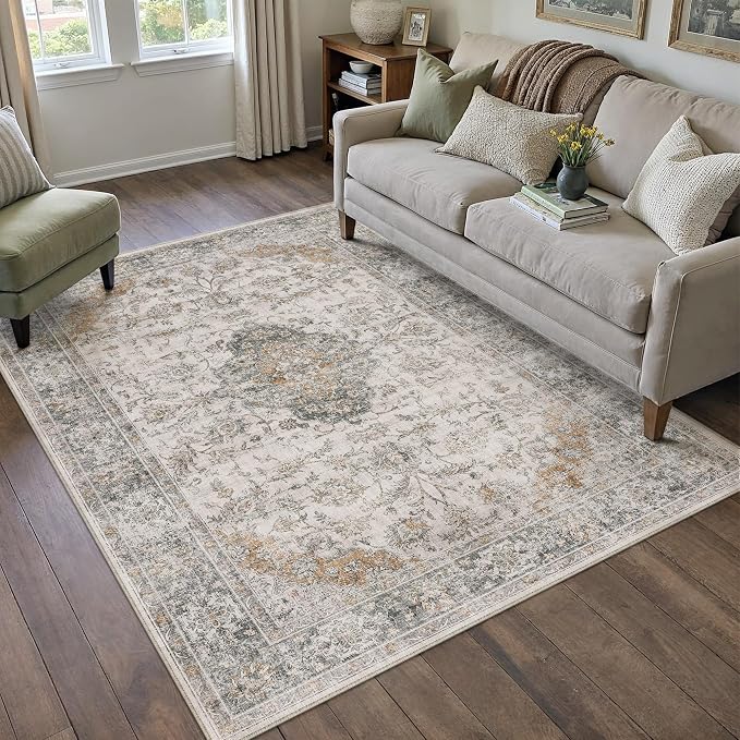 HUGEAR Retro Taupe Green Area Rug 5x7 Machine Washable Living Room Rugs - Image 4