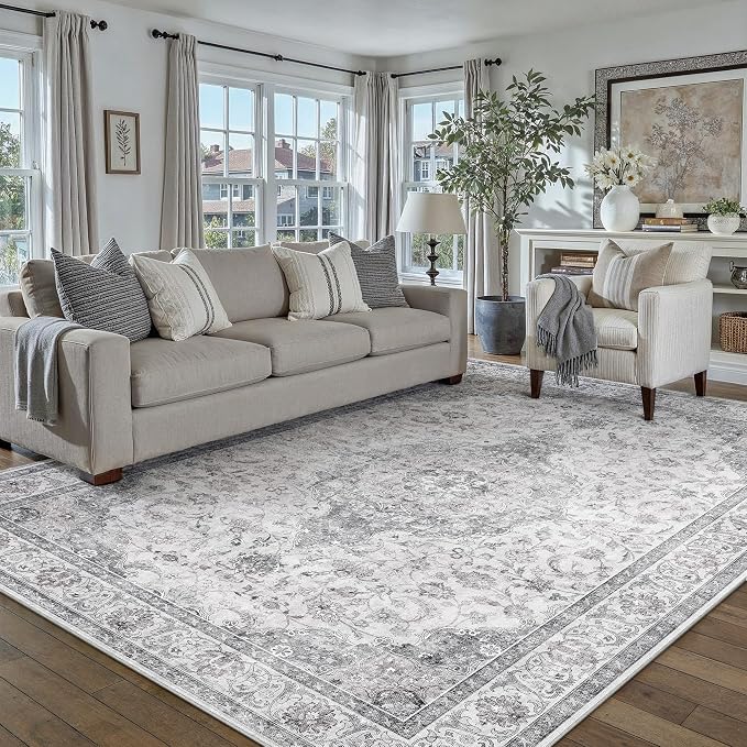 HUGEAR Area Rug 6x9 Vintage Grey Machine Washable Living Room Rugs Thin Neutral - Image 3